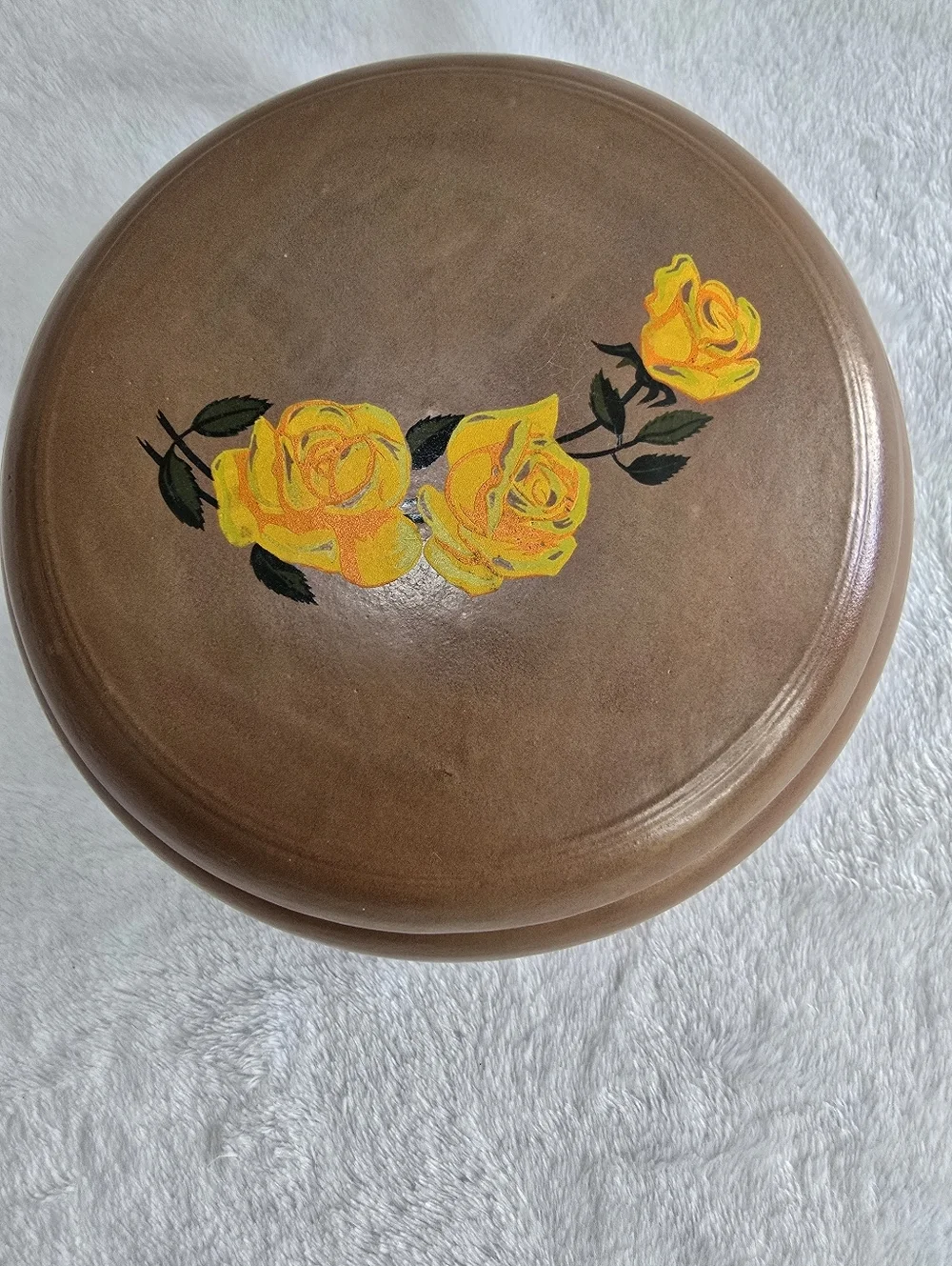 Vintage 70s Brown Round Ceramic Jewelry Box with Hand-Painted Yellow Roses